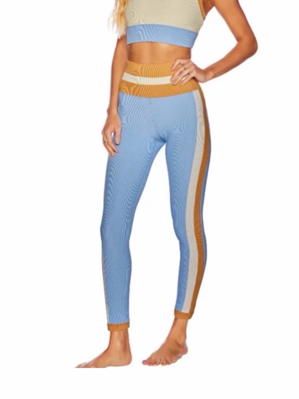 Beach Riot Colorblock Ribbed Crop Top & High-Waist Leggings - Blue/Cream/Tan
